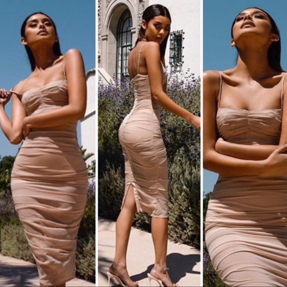 House of CB Nude Railea Chiffon Stretch Midi Dress Size Large